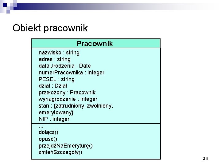 Obiekt pracownik Pracownik nazwisko : string adres : string data. Urodzenia : Date numer.