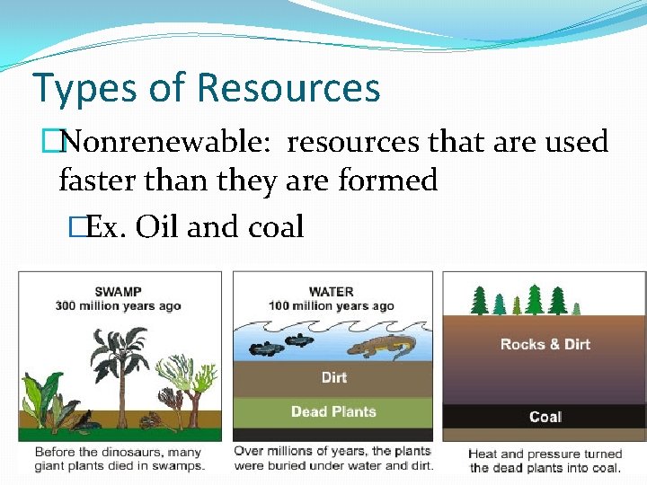Types of Resources �Nonrenewable: resources that are used faster than they are formed �Ex.