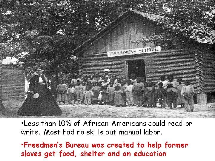 • Less than 10% of African-Americans could read or write. Most had no • Less than 10% of African-Americans could read or write. Most had no