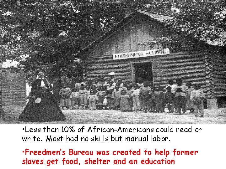  • Less than 10% of African-Americans could read or write. Most had no