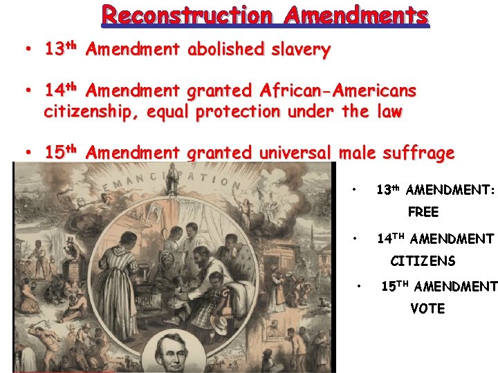 Reconstruction Amendments • 13 th Amendment abolished slavery • 14 th Amendment granted African-Americans