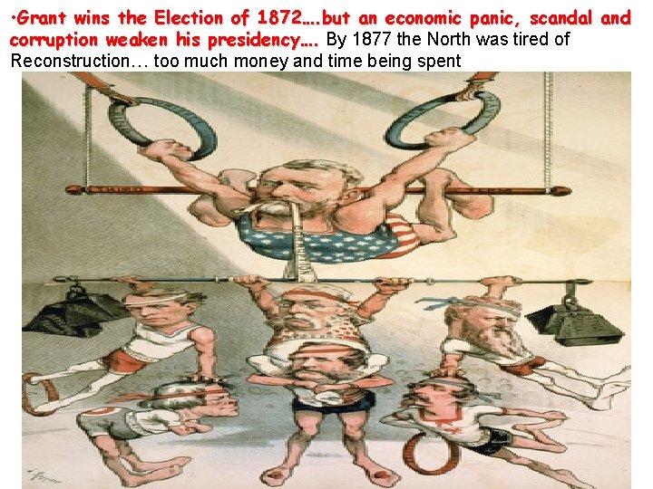 • Grant wins the Election of 1872…. but an economic panic, scandal and • Grant wins the Election of 1872…. but an economic panic, scandal and