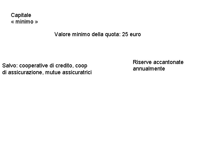 Capitale « minimo » Valore minimo della quota: 25 euro Salvo: cooperative di credito,