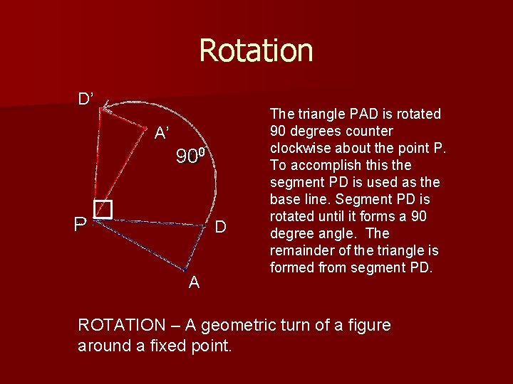 Rotation D’ A’ 900 P D A The triangle PAD is rotated 90 degrees