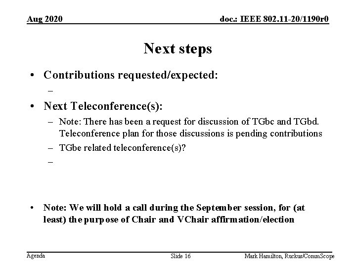 Aug 2020 doc. : IEEE 802. 11 -20/1190 r 0 Next steps • Contributions