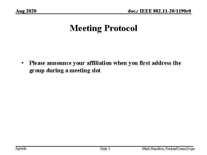 Aug 2020 doc. : IEEE 802. 11 -20/1190 r 0 Meeting Protocol • Please