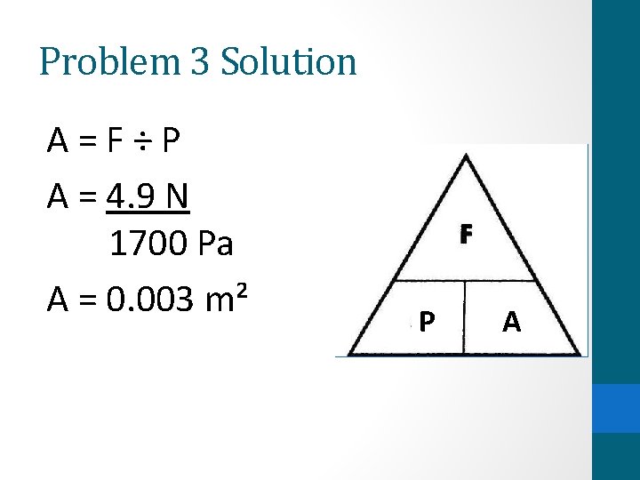 Problem 3 Solution A=F÷P A = 4. 9 N 1700 Pa A = 0.