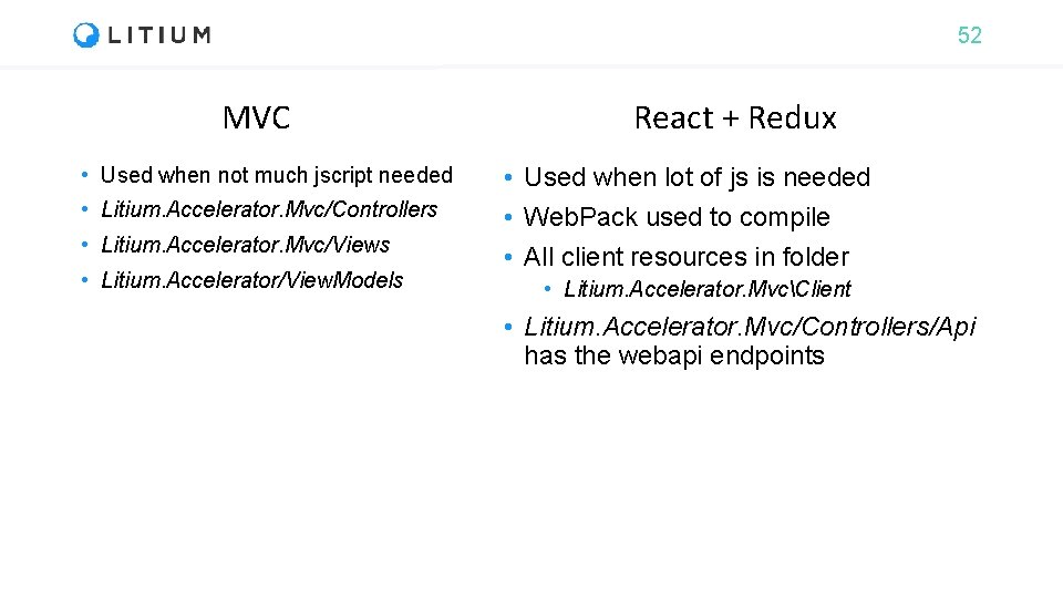 52 MVC • Used when not much jscript needed • Litium. Accelerator. Mvc/Controllers •