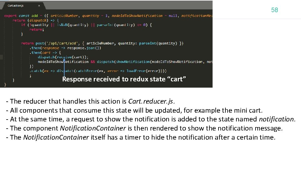 58 Response received to redux state “cart” - The reducer that handles this action