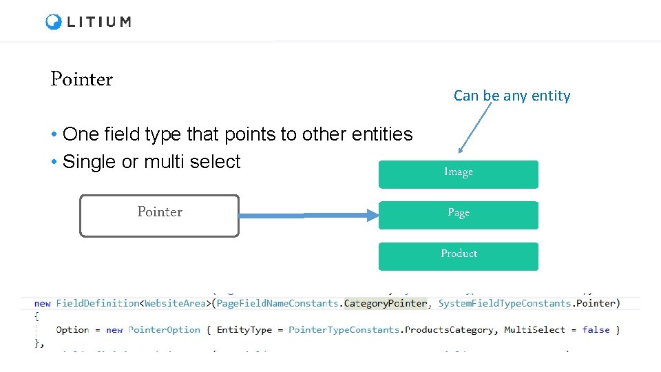 Pointer Can be any entity • One field type that points to other entities