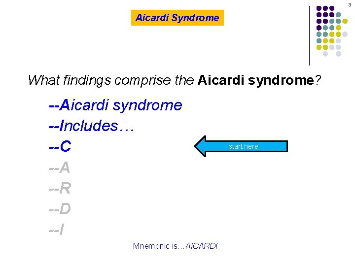 3 Aicardi Syndrome What findings comprise the Aicardi syndrome? --Aicardi syndrome --Includes… --C --A