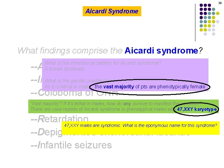 39 Aicardi Syndrome What findings comprise the Aicardi syndrome? What is the inheritance pattern