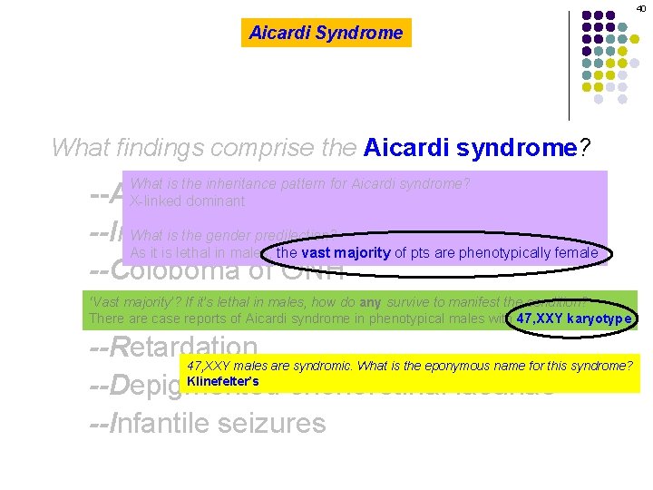 40 Aicardi Syndrome What findings comprise the Aicardi syndrome? What is the inheritance pattern