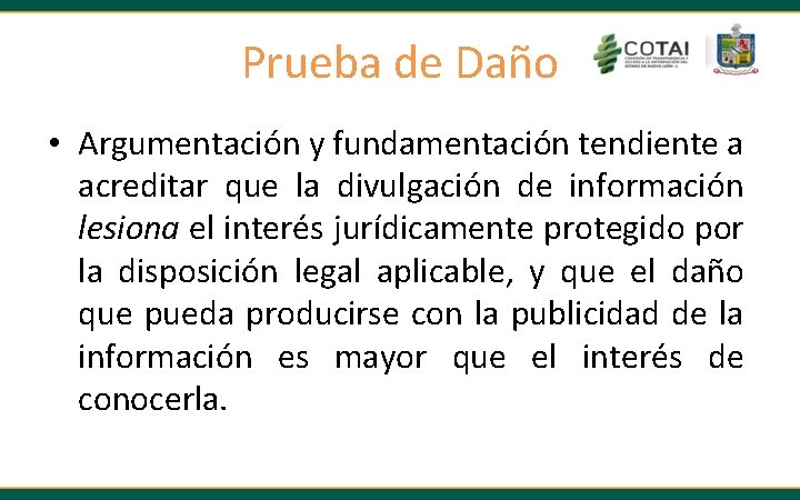 Prueba de Daño • Argumentación y fundamentación tendiente a acreditar que la divulgación de