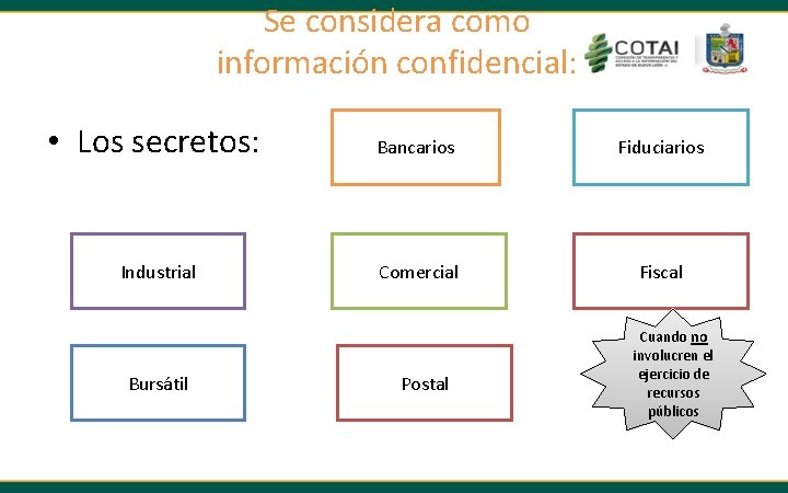 Se considera como información confidencial: • Los secretos: Bancarios Fiduciarios Industrial Comercial Fiscal Bursátil