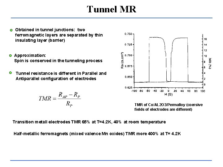 Tunnel MR Obtained in tunnel junctions: two ferromagnetic layers are separated by thin insulating