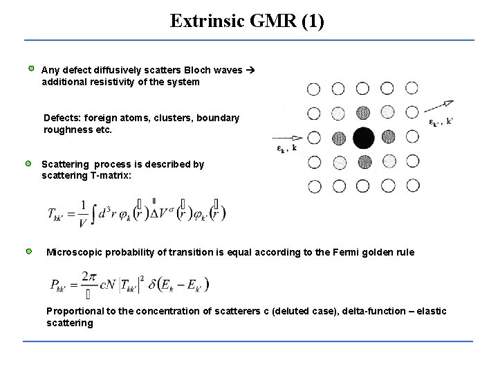 Extrinsic GMR (1) Any defect diffusively scatters Bloch waves additional resistivity of the system