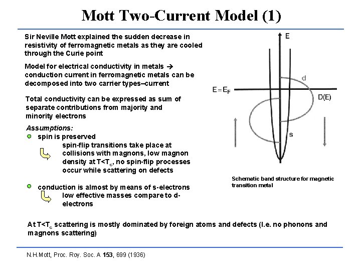 Mott Two-Current Model (1) Sir Neville Mott explained the sudden decrease in resistivity of