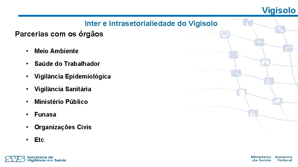 Vigisolo Inter e Intrasetorialiedade do Vigisolo Parcerias com os órgãos • Meio Ambiente •