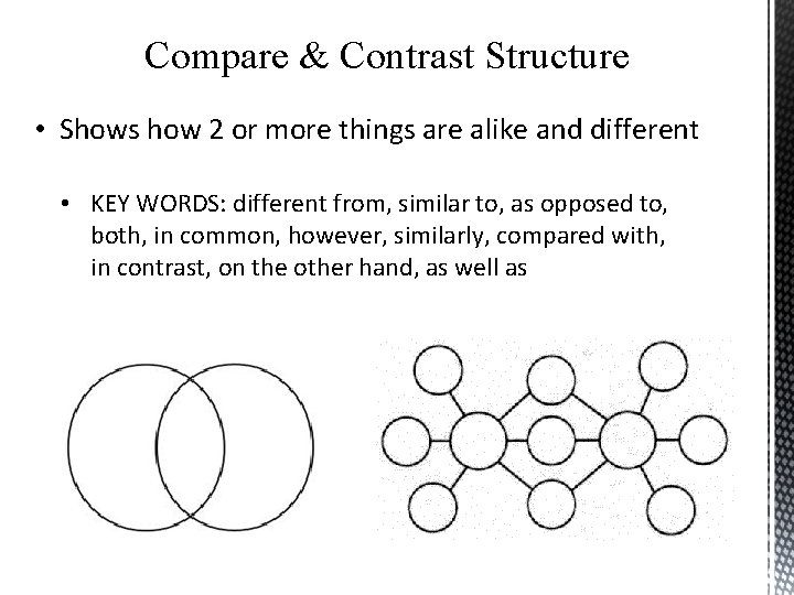 Compare & Contrast Structure • Shows how 2 or more things are alike and