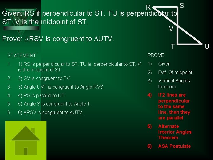 S R Given: RS if perpendicular to ST. TU is perpendicular to ST. V
