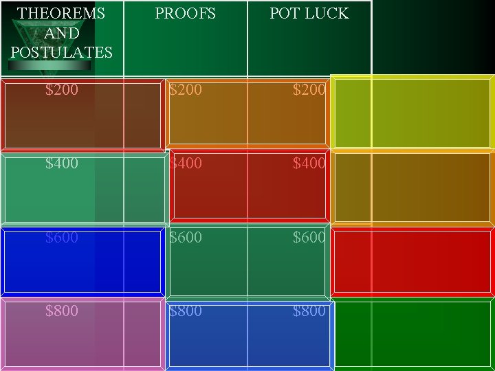 THEOREMS AND POSTULATES PROOFS POT LUCK $200 $400 $600 $800 
