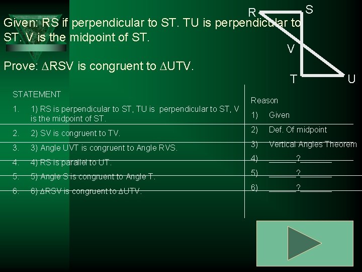 S R Given: RS if perpendicular to ST. TU is perpendicular to ST. V