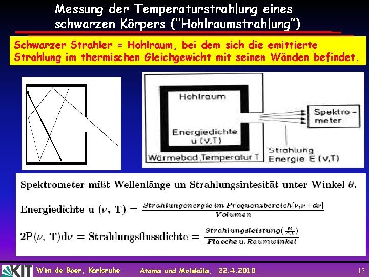 Messung der Temperaturstrahlung eines schwarzen Körpers (‘’Hohlraumstrahlung”) Schwarzer Strahler = Hohlraum, bei dem sich