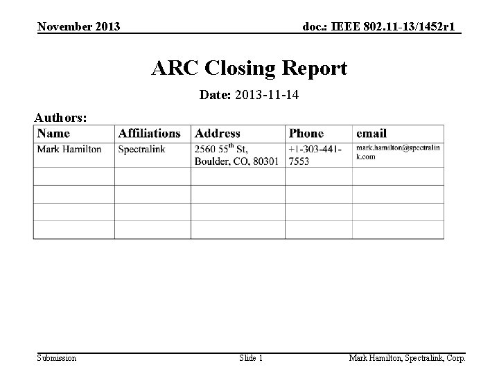 November 2013 doc. : IEEE 802. 11 -13/1452 r 1 ARC Closing Report Date: