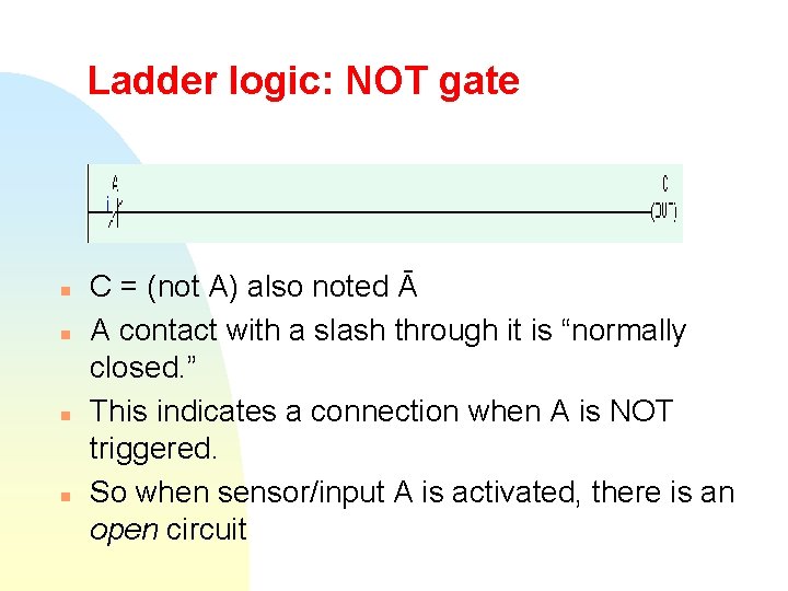 Ladder logic: NOT gate n n C = (not A) also noted Ā A