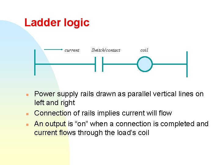 Ladder logic current n n n Switch/contact coil Power supply rails drawn as parallel