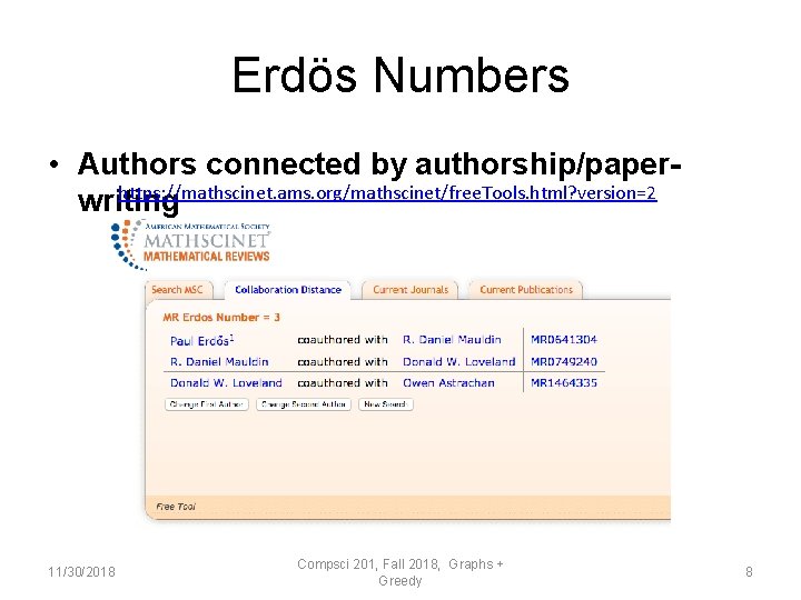 Erdös Numbers • Authors connected by authorship/paperhttps: //mathscinet. ams. org/mathscinet/free. Tools. html? version=2 writing