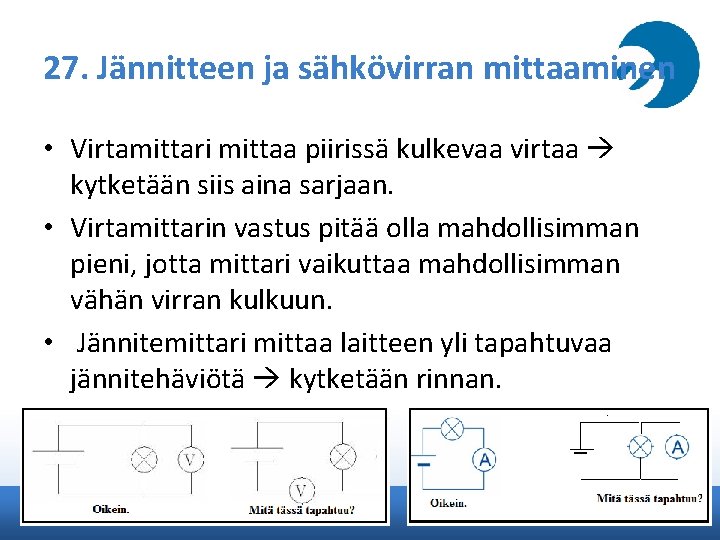 27. Jännitteen ja sähkövirran mittaaminen • Virtamittari mittaa piirissä kulkevaa virtaa kytketään siis aina