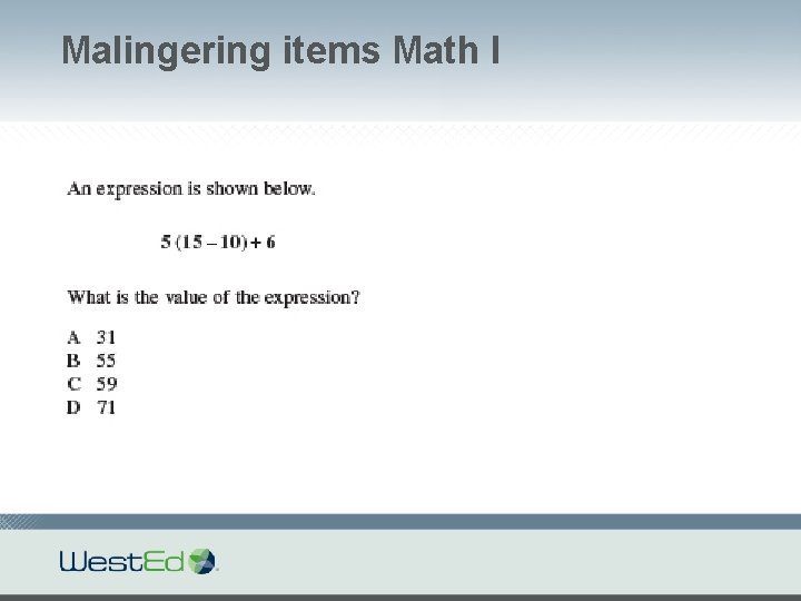 Malingering items Math I 