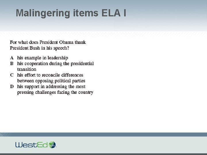 Malingering items ELA I 