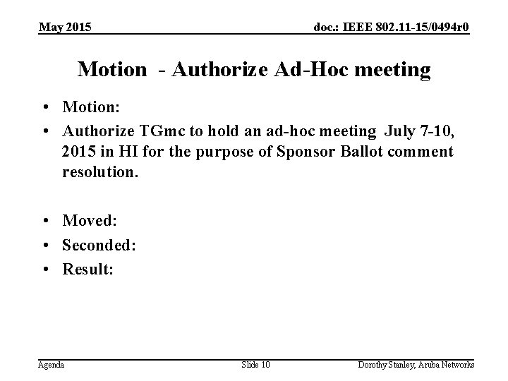 May 2015 doc. : IEEE 802. 11 -15/0494 r 0 Motion - Authorize Ad-Hoc