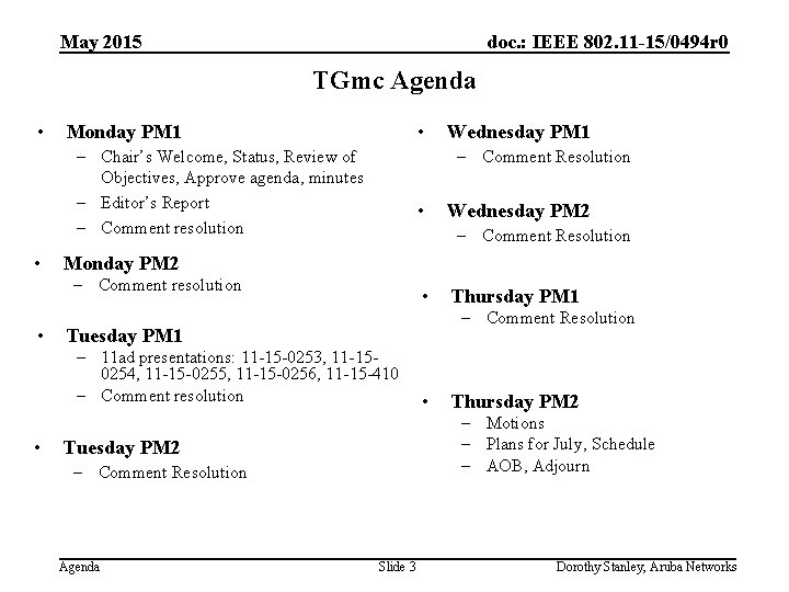 May 2015 doc. : IEEE 802. 11 -15/0494 r 0 TGmc Agenda • •