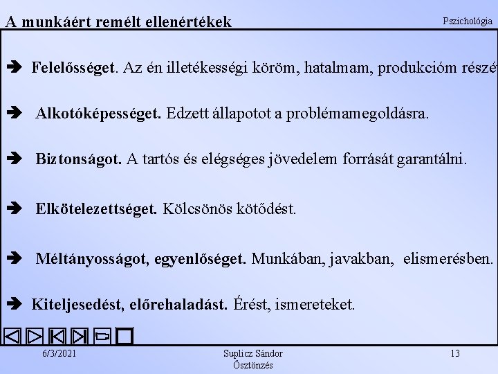 A munkáért remélt ellenértékek Pszichológia Felelősséget. Az én illetékességi köröm, hatalmam, produkcióm részét Alkotóképességet.