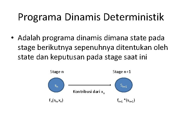 Programa Dinamis Deterministik • Adalah programa dinamis dimana state pada stage berikutnya sepenuhnya ditentukan