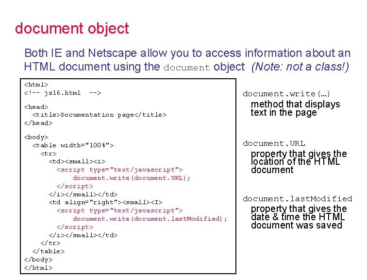 document object Both IE and Netscape allow you to access information about an HTML