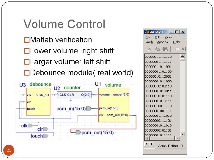 Volume Control �Matlab verification �Lower volume: right shift �Larger volume: left shift �Debounce module(