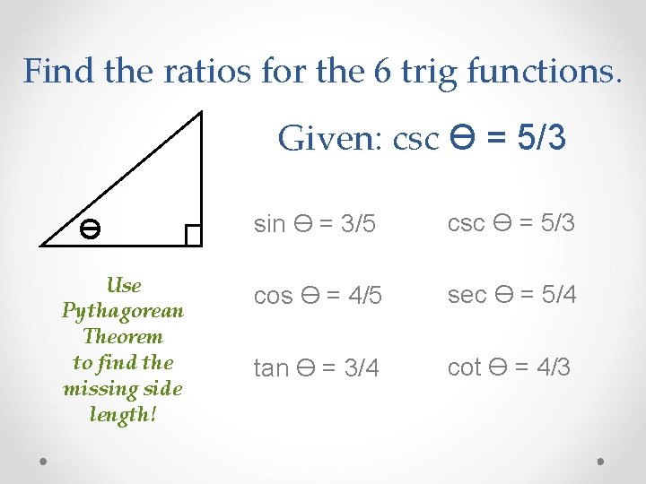 Find the ratios for the 6 trig functions. Given: csc ϴ = 5/3 ϴ
