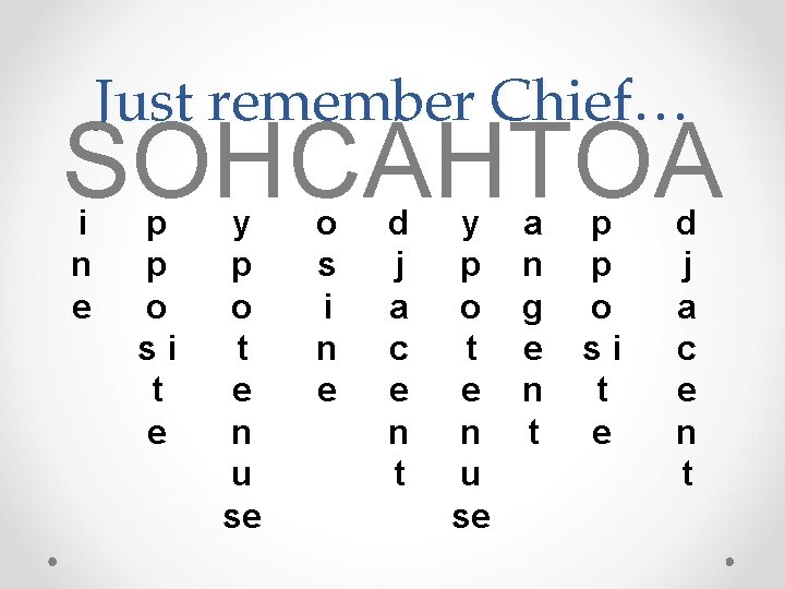 Just remember Chief… SOHCAHTOA i n e p p o si t e y