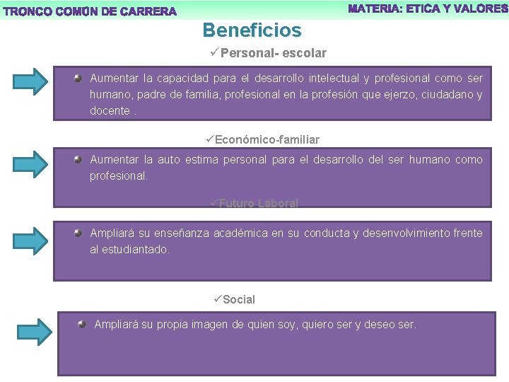 Beneficios üPersonal- escolar Aumentar la capacidad para el desarrollo intelectual y profesional como ser