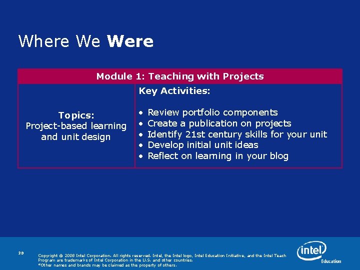Where We Were Module 1: Teaching with Projects Key Activities: Topics: Project-based learning and