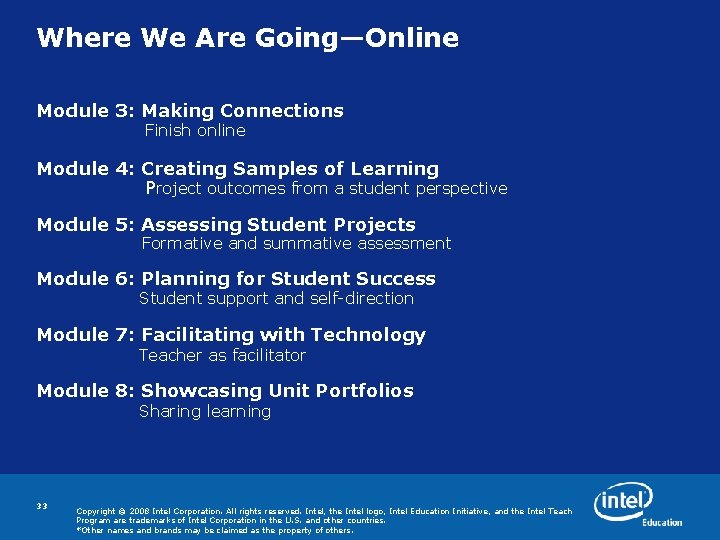 Where We Are Going—Online Module 3: Making Connections Finish online Module 4: Creating Samples