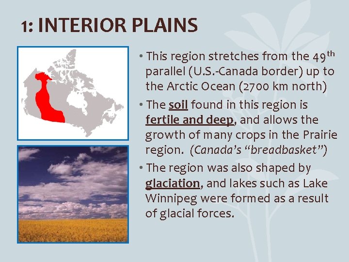 1: INTERIOR PLAINS • This region stretches from the 49 th parallel (U. S.