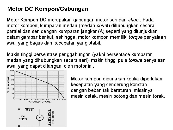 Motor DC Kompon/Gabungan Motor Kompon DC merupakan gabungan motor seri dan shunt. Pada motor