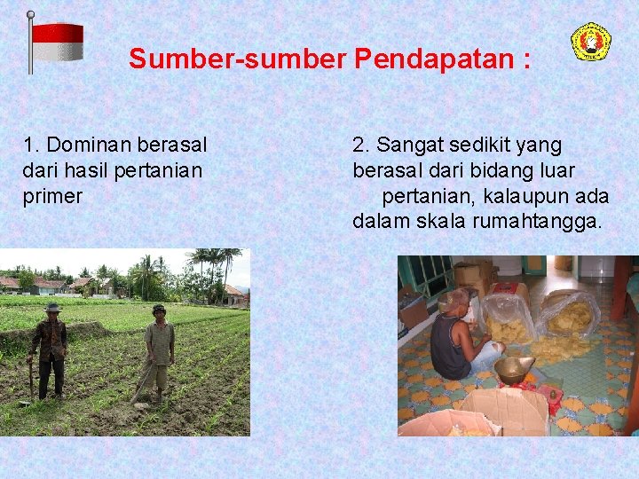 Sumber-sumber Pendapatan : 1. Dominan berasal dari hasil pertanian primer 2. Sangat sedikit yang