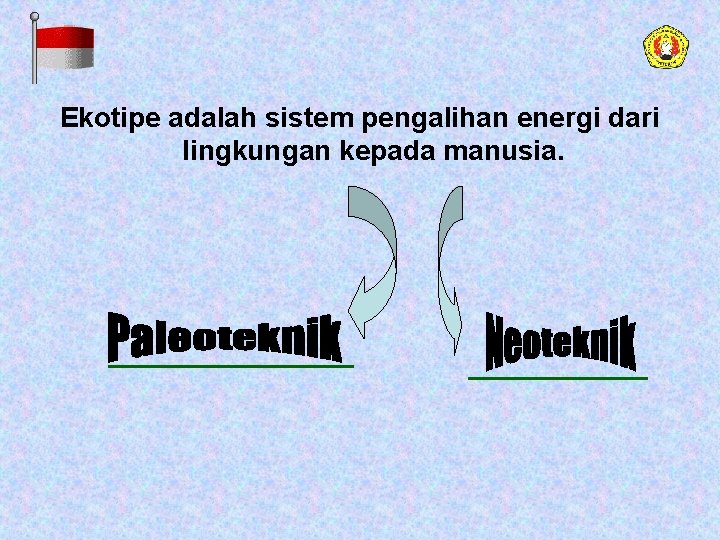 Ekotipe adalah sistem pengalihan energi dari lingkungan kepada manusia. 